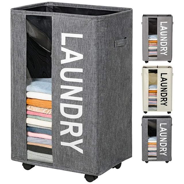 ZERO JET LAG 90L Extra Large Laundry Basket Hamper on Wheels Clear Window Tall Laundry Hamper Handles Collapsible Dirty Clothes Hamper Organizer Rolling Storage Bins Bathroom Bedroom (Dark Grey)