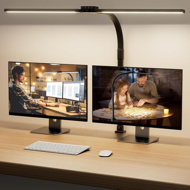 SIBRILLE LED Desk Lamp for Home Office - Eye-Caring Computer Desk Light with Clamp, Rotatable Computer Lamp with Color Changing, Dimmable Monitor Table Lamp with Gooseneck, Double Head, Black