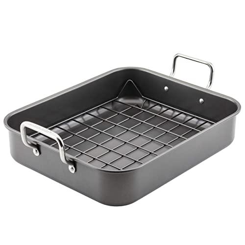 Rachael Ray Bakeware Nonstick Roaster/Roasting Pan with Reversible Rack, 13.5 Inch, Gray