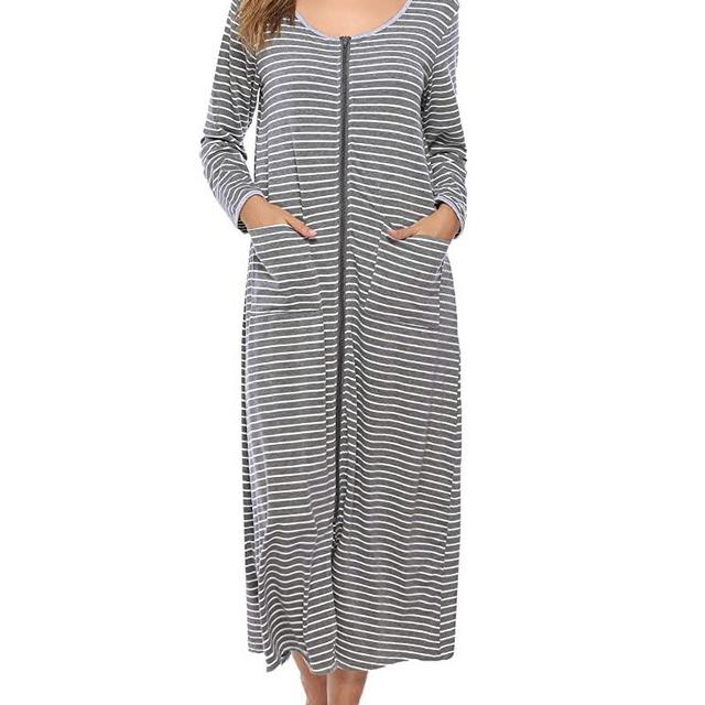 Sykooria Womens Zipper Front Robes Long House Coat Full Length Nightgown Long Sleeve Stripe Loungewear with Pockets