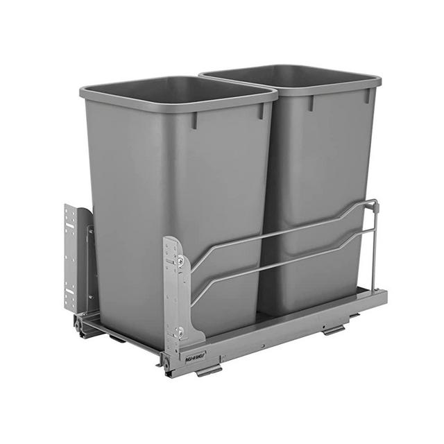 Rev-A-Shelf 53WC-1527SCDM-217 Double 27 Quart Kitchen Base Cabinet Pull Out Waste Container Kitchen Organizer Trash Can with Soft Close Slides, Gray