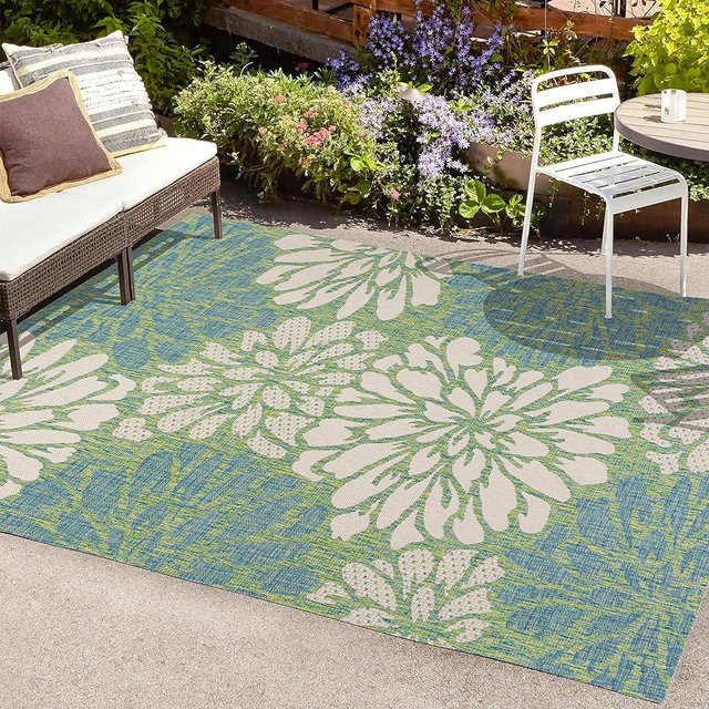 JONATHAN Y SMB110D-8 Zinnia Modern Floral Textured Weave Indoor Outdoor Area-Rug, Bohemian Coastal Mediterranean Easy-Cleaning,Bedroom,Kitchen,Backyard,Patio,Non Shedding, 8 X 10, Cream/Green