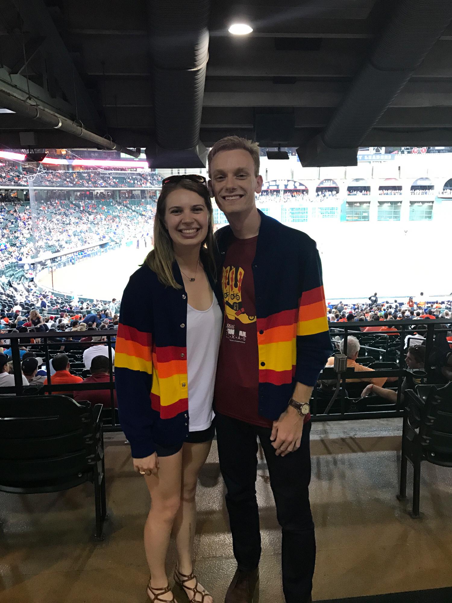 Astros game in Kalyn’s parent’s matching Astros sweaters from the 70s.