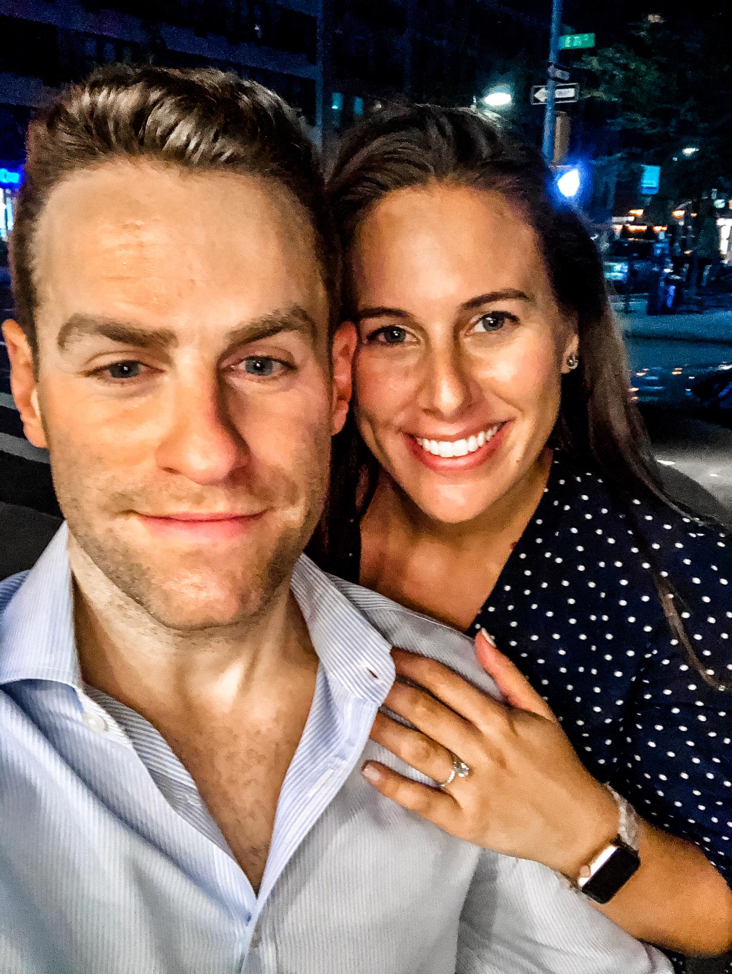 The night we got engaged. A selfie outside of our building!