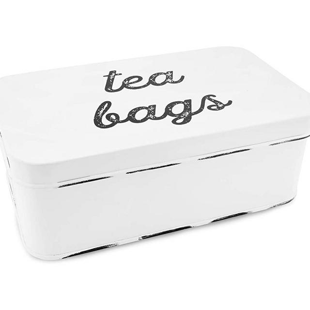 AuldHome Farmhouse Tea Bag Box, Vintage Retro Style Enamelware Tea Storage Tin