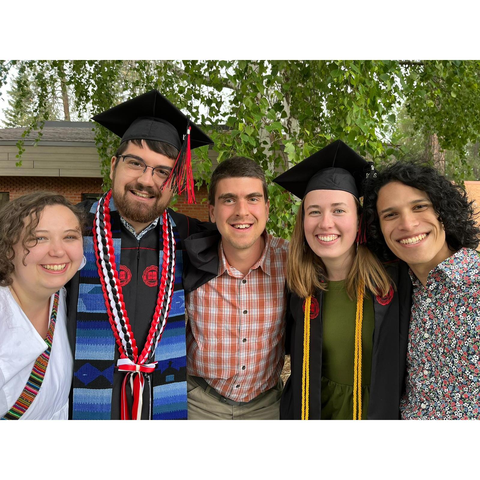Celebrating graduation with our good friends (left to right:) Drew (groomsman), Sabine (baker of our wedding communion bread), and Sabine's now-husband(!) Ian. 5/19/24