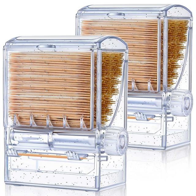 Tessco 2 Pieces Toothpick Dispenser Creative Clear Knob Switch Acrylic Toothpick Holder Automatic Toothpicks Box for Table Kitchen Home Restaurant Party