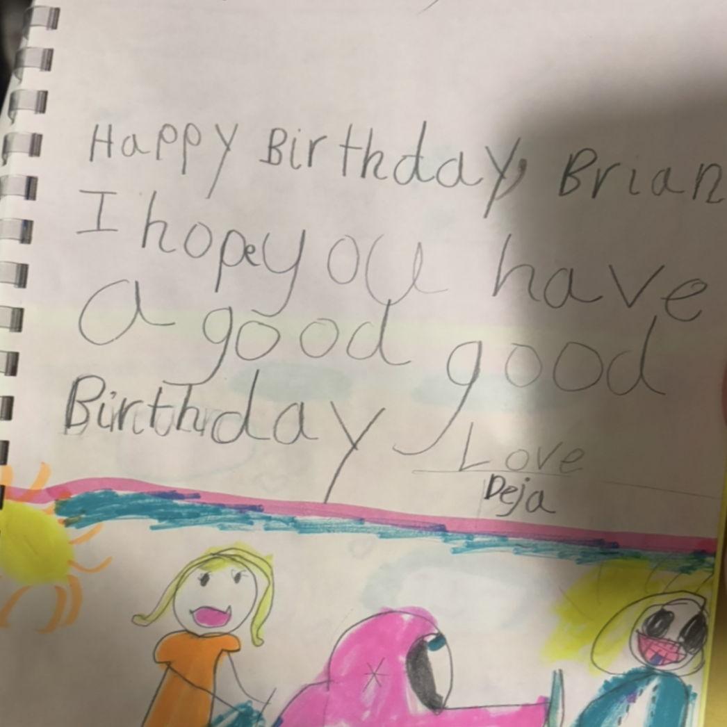 Deja's first birthday card to Brian