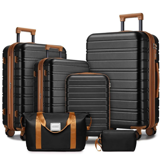 LARVENDER Luggage Sets 6 Piece Hardside Expandable Suitcase with Wheels Lock,Hardside Lightweight Rolling Suitcase for Women and Men,Black