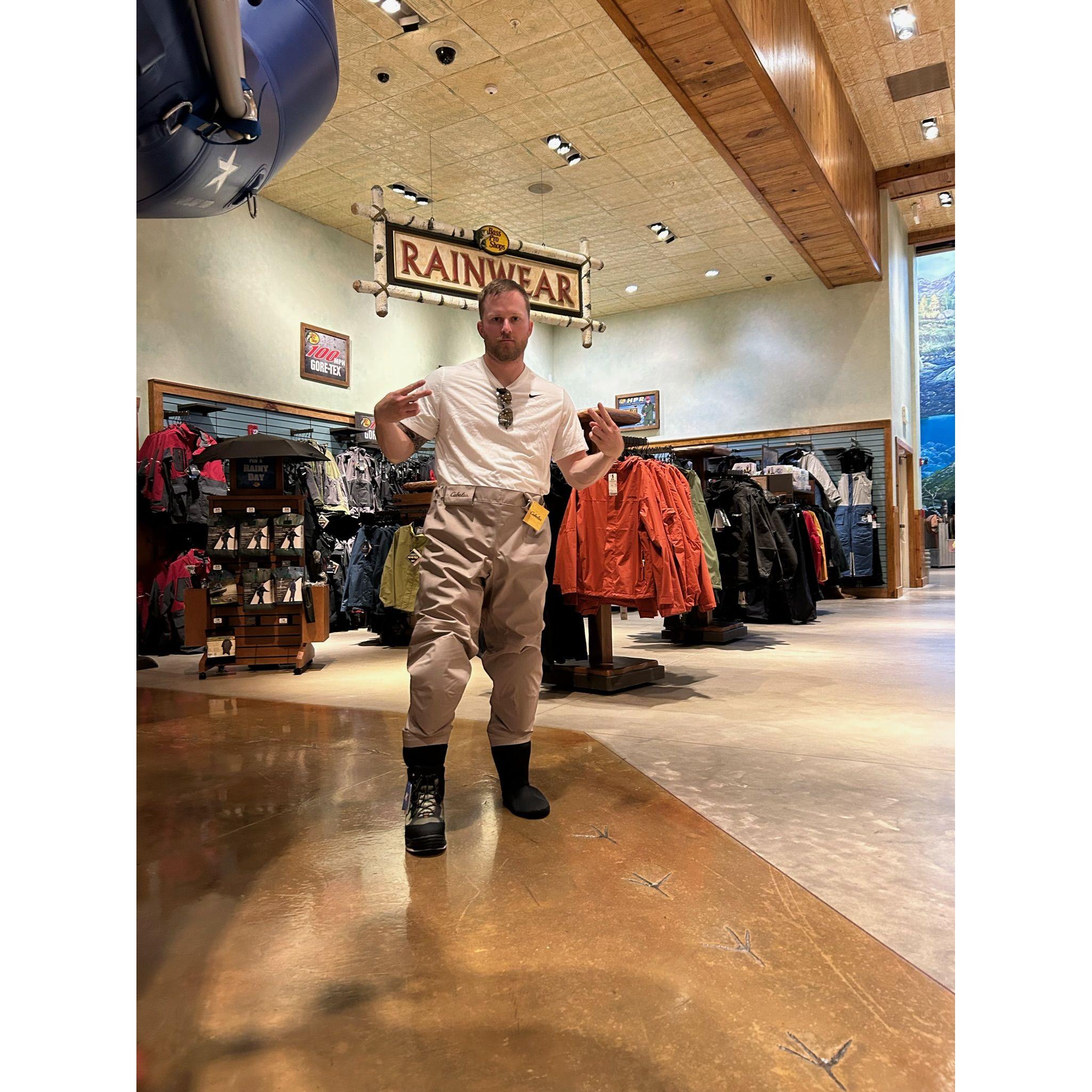 Very excited, trying out his new fly fishing gear.