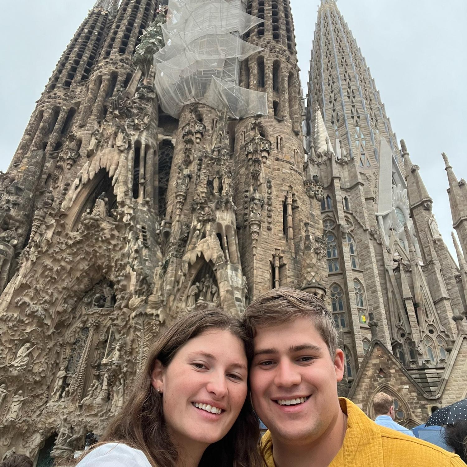 Waiting in line (in the rain) to get in the Sagrada Família.