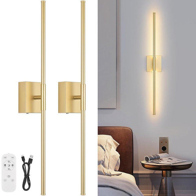 JZEKVN Battery Operated Wall Sconce Set of Two with Remote Control, 3000K-6000K Dimmable Gold Wall Lights, Timable LED Wireless Wall Sconces, 350° Ratate for Bathroom, Living Room, Hallway 29.1 Inch