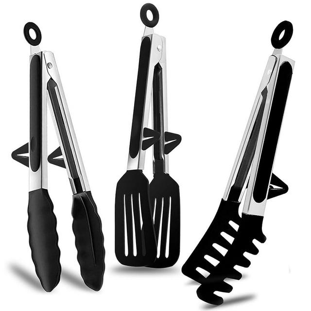 Kitchen Tongs, 9 Inch Stainless Steel Tongs for Cooking with Silicone Tips, Food Grade Small Silicone Tongs, Mini Serving Tongs for Nonstick Pans, BBQ, Salad, Set of 3, Black