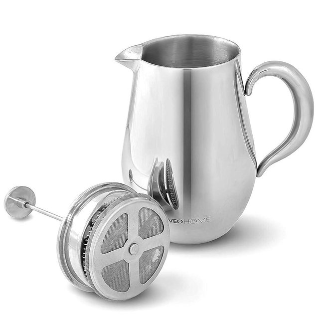 VeoHome - 1 Litre piston coffee maker - Unbreakable and keeps coffee hot for a long time thanks to its double stainless steel shell…
