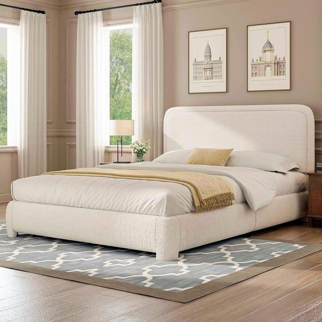 Queen Bed Frame with Headboard, Boucle Upholstered Platform Bed with Wood Slats, Soft Rounded Corners, No Box Spring Required, Easy Assembly, Cream
