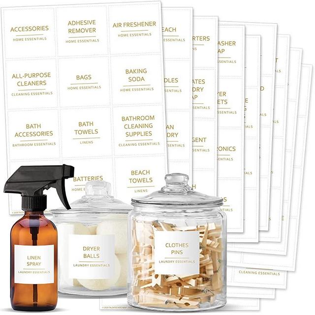 Talented Kitchen 144 Minimalist Laundry Room Gold Labels Set. Gold Print on White Matte Vinyl. Water Resistant Vinyl, 144 Laundry Linen Closet & Cleaning Supplies Stickers. Organization Storage System