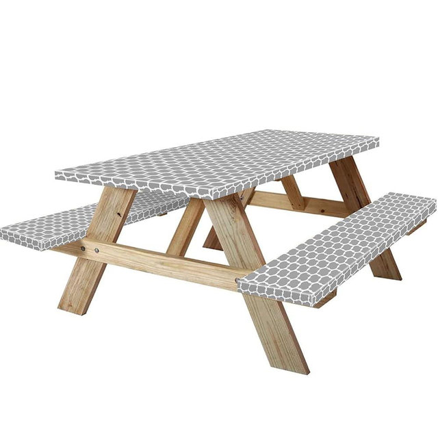 KENOBEE 8ft Picnic Table and Bench Cover, Camping Essentials RV Gear, 96 in Waterproof Windproof Outdoor Elastic All Around Tablecloth, Fitted Rectangle Tables and Seats, Gray-White Moroccan