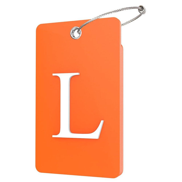 Gostwo 2 Pack Luggage Tags for Suitcases, 26 Initial Letter Travel Luggage Baggage Identification Labels ID Tag Fully Bendable Tags with Stainless Steel Loop (Orange) (Letter L)