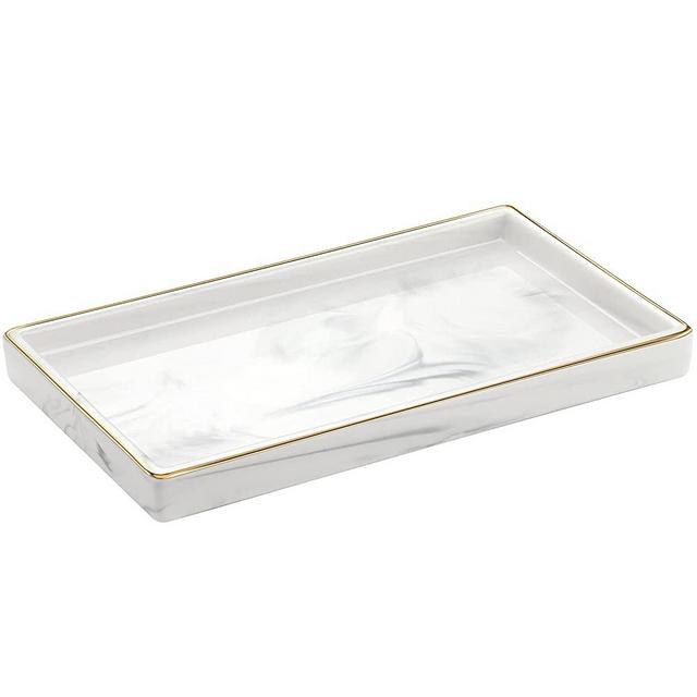 Luxspire Bathroom Vanity Tray, Golden Rimmed Jewelry Organizer rectangle Ceramic Tray, Kitchen Countertop Ring Dish Holder Cosmetic Organizer plate for Candles Perfume Home Décor, Medium, Marble White