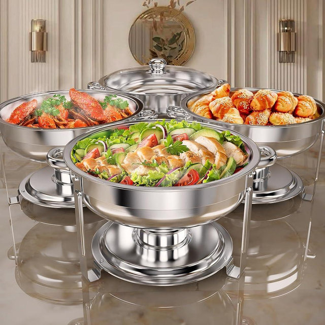 Rengue 6 QT Chafing Dishes, 4 Pack Premium Stainless Steel Complete Set, Round Chafing Dish Buffet Set, Heating and Cooling Chafing Dish for Gatherings Banquets, Buffets, Parties, Weddings