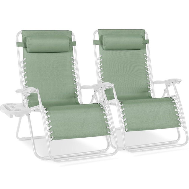 Best Choice Products Set of 2 Extra Wide Adjustable Steel Mesh Zero Gravity Lounge Chair Recliners w/Pillows and Cup Holder Trays - Sage Green/White
