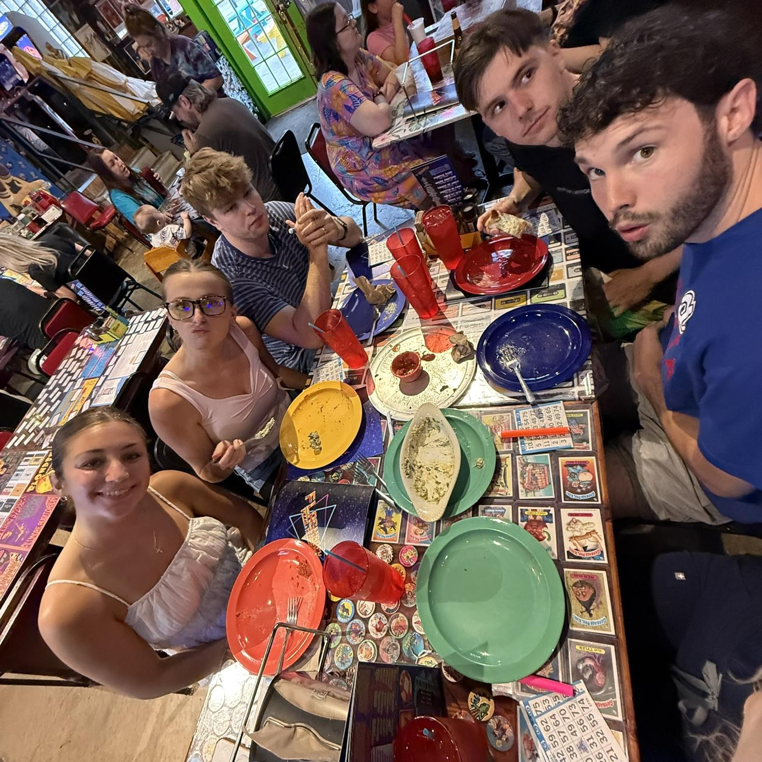 6/4/2025- Photo of dinner at Flashback Pizza in Rogers, Arkansas with friends, Hayes, Caroline, Matt, and Juju.