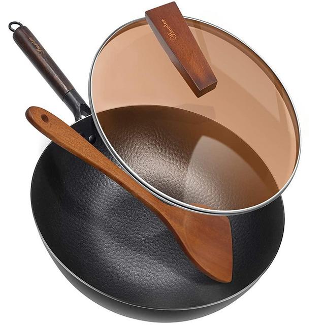 Carbon Steel Wok Pan with Lid & Wood Spatula, Aneder 12.5" Cast Iron Stir Fry Pan with Flat Bottom and Wooden Handle for Electric, Induction and Gas Stoves