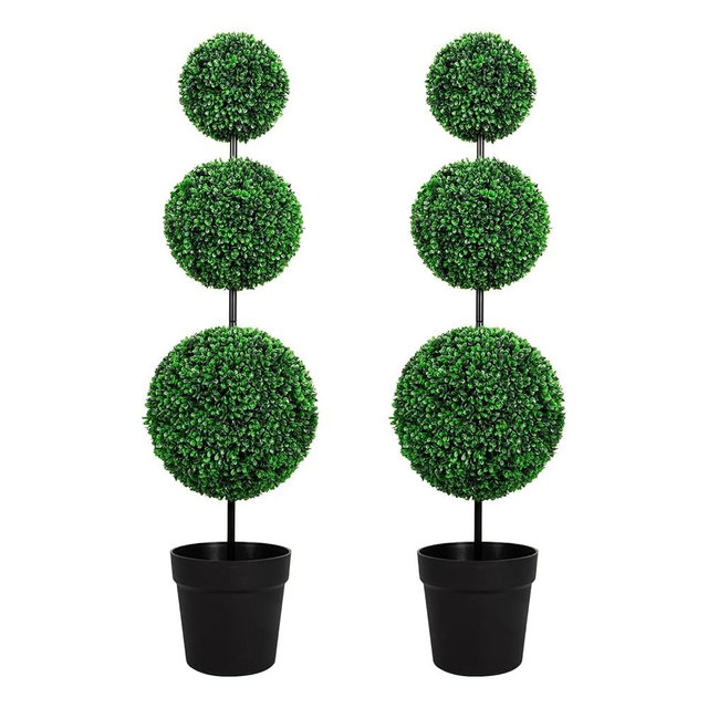 VIVATREES 4FT UV-Resistant Artificial Triple Ball Boxwood Topiary Set of 2, All-Weather Outdoor & Indoor Decor for Garden, Porch, Entryway