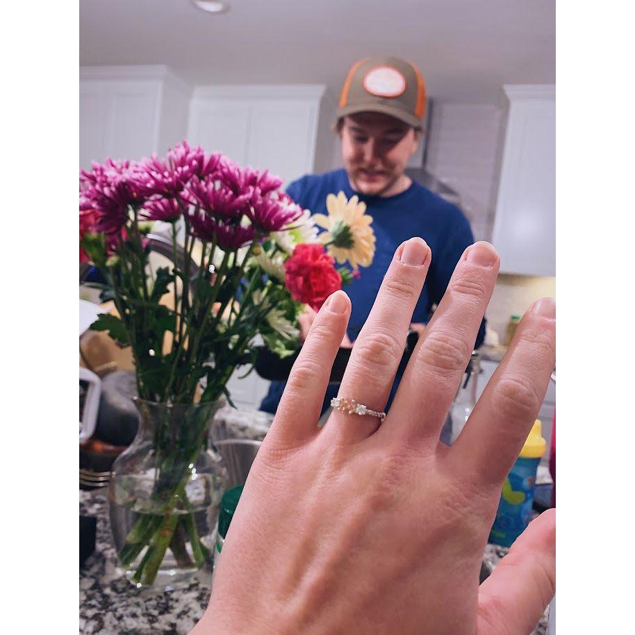 12/22/22- On their 5 month "anniversary," Landon gave Hannah a promise ring while they were cooking dinner together. The center stone is pink tourmaline; Landon's birthstone & Hannah's favorite color!