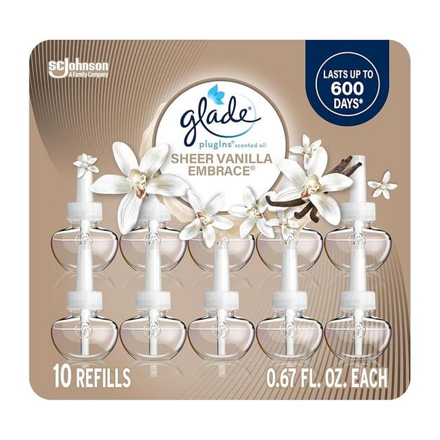 Glade PlugIns Refills Air Freshener, Sheer Vanilla Embrace, Scented and Essential Oils for Home and Bathroom, 0.67 Fl Oz, 10 Count