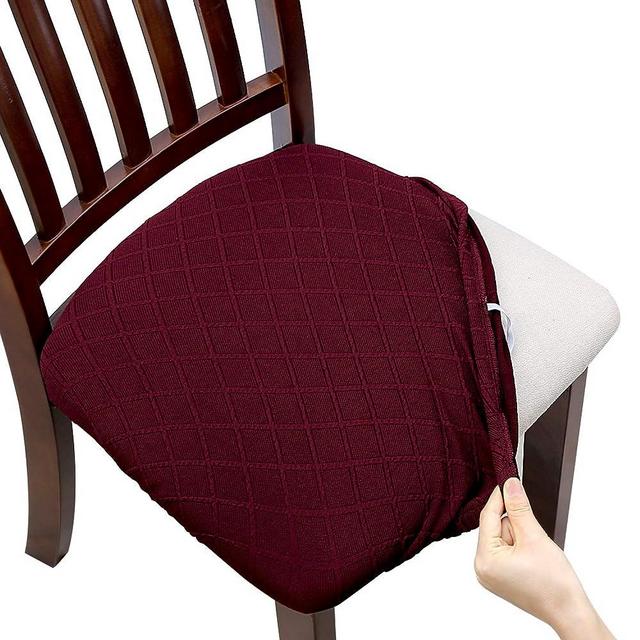 Fuloon Stretch Jacquard Chair Seat Covers Set of 6, Removable Washable Dining Chair Covers Anti-Dust Dining Room Chair Covers Seat Cushion Slipcovers (6, Burgundy)
