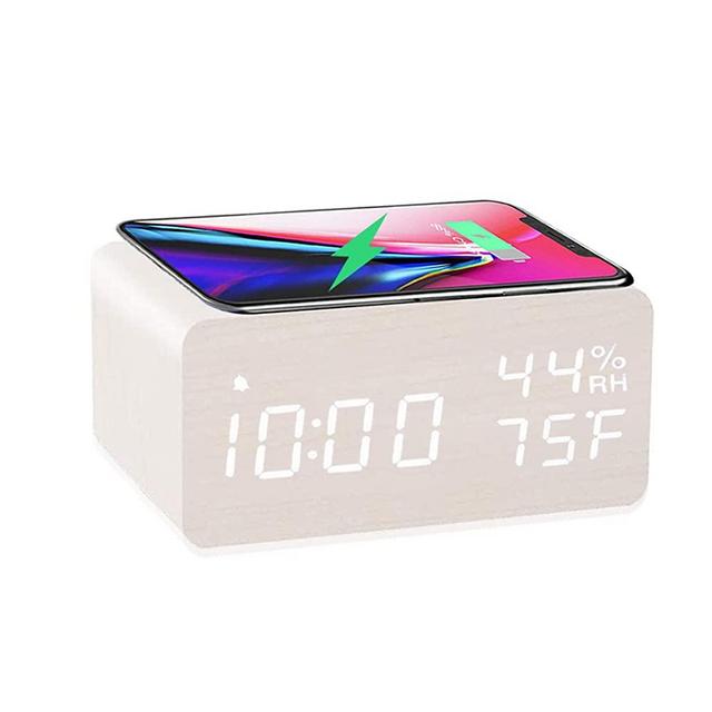 Wooden Digital Alarm Clock with Wireless Charging, 3 Alarms LED Display, Sound Control and Snooze Dual for Bedroom, Bedside, Desk, Office, White