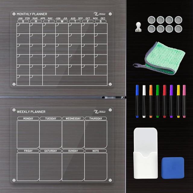 Acrylic Magnetic Calendar for Fridge 2 Pack, 1 Monthly Fridge Calendar, 1 Weekly Calendar, 8 Dry Erase Markers, Magnetic Eraser, Marker Holder, Microfiber Cloth (12in x 16in)