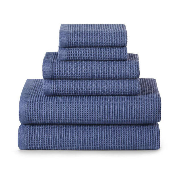 ecolook 6-Piece Waffle Weave Towel Set, 100% Cotton, Lightweight, Absorbent & Quick-Drying, 2 Bath Towels (31×63 in), 2 Hand Towels, 2 Washcloths, Lint-Free for Bathroom, Pool, Gym, Travel - Blue