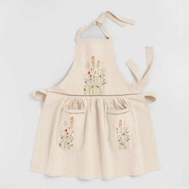 Natural Embroidered Floral Apron with Lace Trim