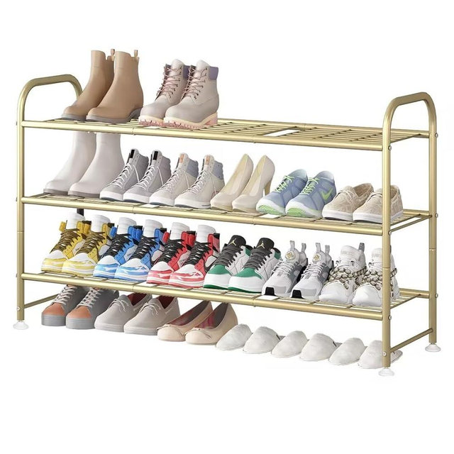 LINZINAR Shoe Rack Long 3 Tier Shoe Storage Organizer Metal Wide Shoe Shelf for Closet Entryway Bedroom 24 Paris Large Capacity, Gold