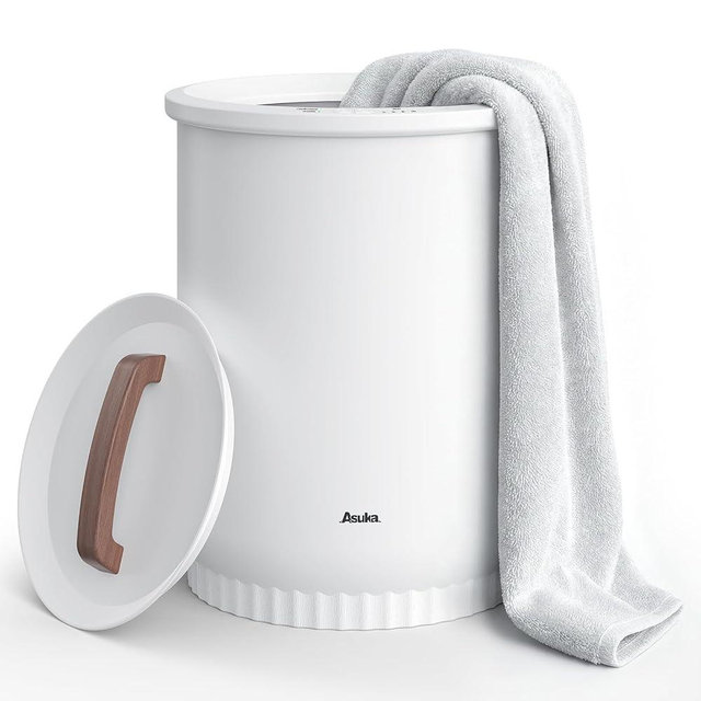 Asuka Towel Warmer for Bathroom - Large Towel Warmer Bucket with Wood Handle, Auto Shut Off, 4 Time Delay Settings, Fits Two 40"X70" Oversized Towels, Bathrobes, Blankets, PJ's and More, White