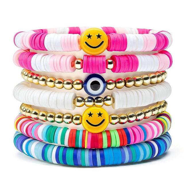 Y1tvei 7Pcs Heishi Surfer Bracelets Set Colorful Preppy Happy Smile Evil Eye Beaded Stretch Bracelets Clay Stackable Boho Disc Bracelets Y2K Kidcore Aesthetic Summer Beach Jewelry for Women Girls