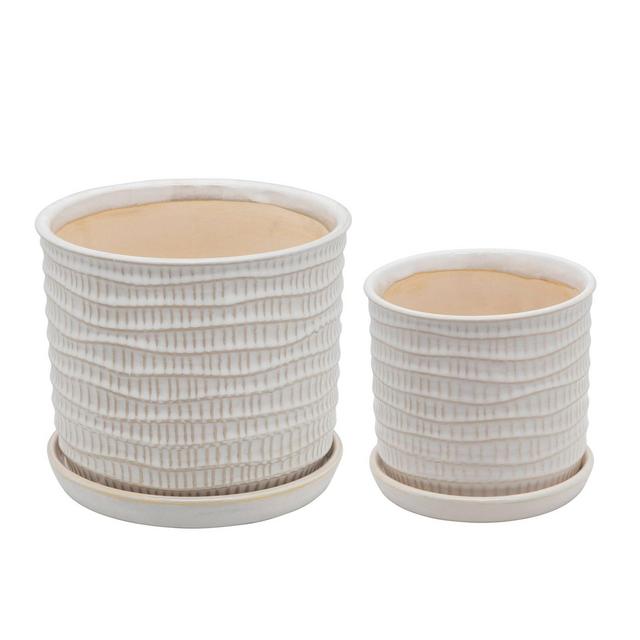 Sagebrook Home Set of 2 Textured Ceramic Planters with Saucers Beige