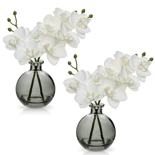 Oairse White Orchids Artificial Flowers Faux Orchid Arrangement with Black Glass Vase Set of 2 Real Touch Phalaenopsis Orchid Flowers Orchid Centerpiece for Dining Room Table