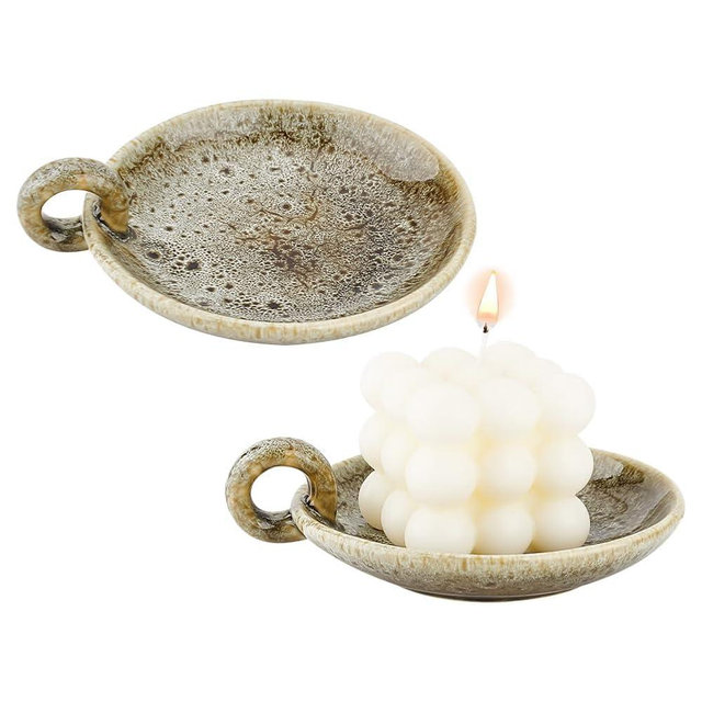 OLYCRAFT 2 Pcs 4.9x5.7 inch Porcelain Plate Candle Holder Ceramic Candle Plate Holder Round Plate Tray Decorative Candlestick Holders with Handle for Wedding Home Spa Incense Decor - Dark Green