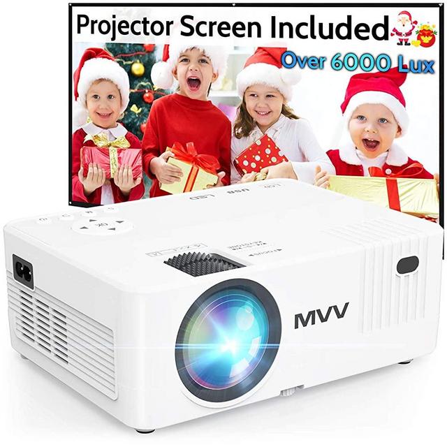 MVV Mini Projector, [200 ANSI--Brightness Over 6000 Lux] [Outdoor Projector with Screen] 1080P Supported, 260’’Display Compatible with TV Stick HDMI USB VGA TF DVD for Home Entertainment