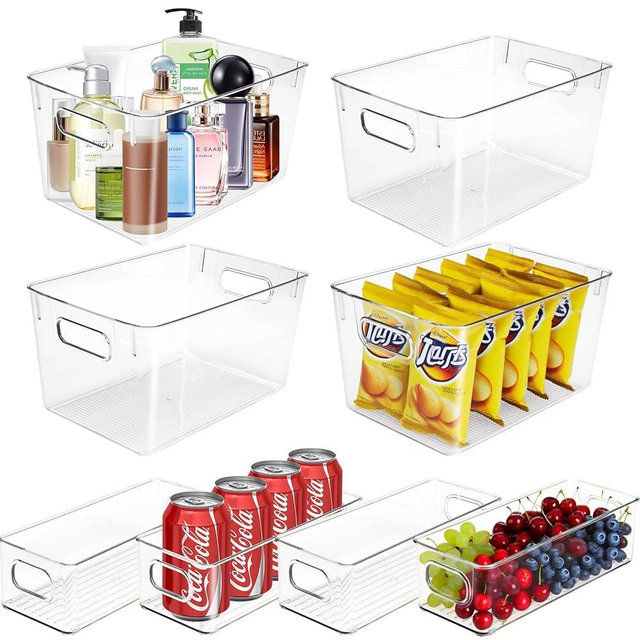 Set of 8 Clear Organizers and Storage Bins, 4 Large and 4 Small Stackable Plastic Storage Containers with Handles for Fridge, Freezer, Pantry, Cabinet, Kitchen Organization
