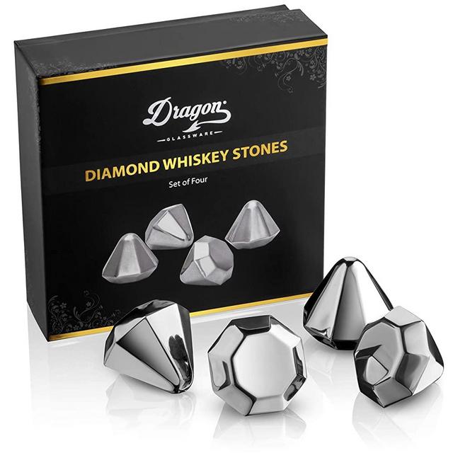Dragon Glassware Diamond Whiskey Chilling Stones, Reusable Stainless Steel Ice Cubes for Colder Drinks, Set of 4