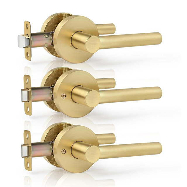 Gaurqiah 3 Pack Wholesale Brushed Gold Round Design Passage Door Levers Keyless Heavy Duty Door Levers Non-Locking, Interior Reversible Door Handles for Hallway Closet, Satin Brass