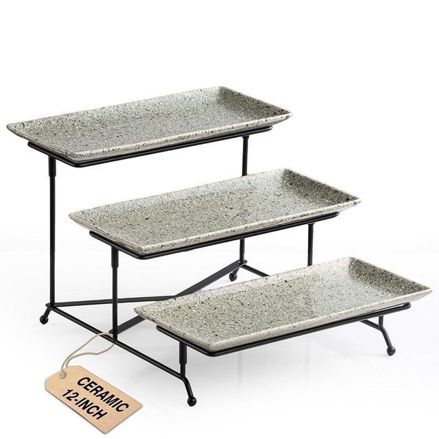 LAUCHUH 3 Tier Serving Tray, Porcelain Serving Platters and Trays for Party 12 Inch Tiered Tray Stand Cupcake Stand with Collapsible Sturdier Rack for Mother's Day Serving Food, Speckled Gray