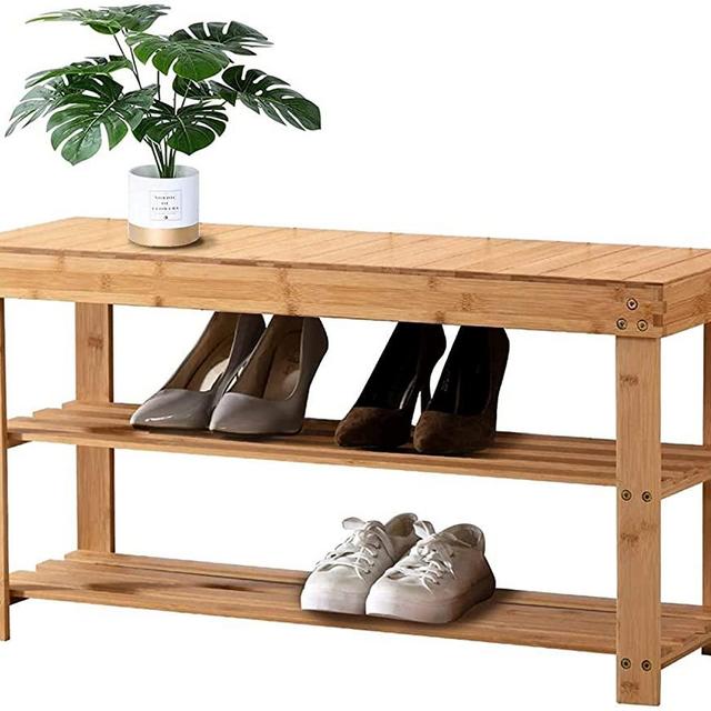 Bonzy Home Shoe Rack Bench Storage Organizer 3 Tier 34" L * 12" W * 18" H Rustic Bamboo for Entryway Bedroom Bathroom Living Room Hallway Perfect for Boots Heels Slipper-Natural