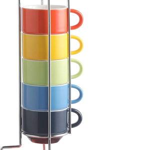 Sweejar Porcelain Espresso Cup & Saucer Set, Stackable Demitasse Cups with Metal Stand, 2.5 OZ for Latte,Coffee,Cafe Mocha,Tea, Set of 6(Multi)