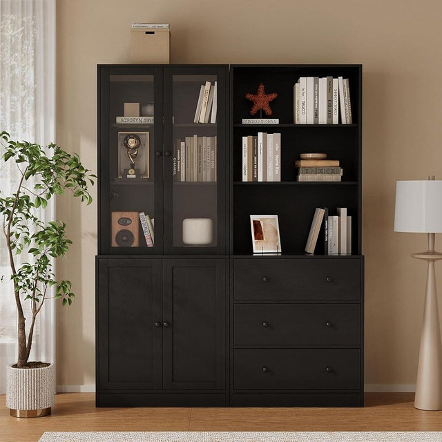 TUSY 71" H Bookshelf with Storage, 6-Tier Modern Bookshelves with 3 Large Drawer, Display Bookcase with Glass Doors, Modern 5-Tier Curio Cabinet for Home Office, Dining Room (Black, AB)
