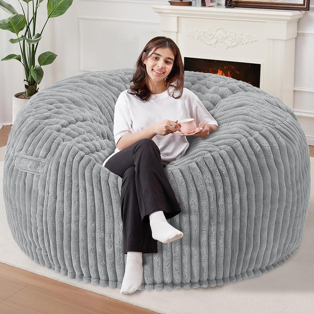 Homguava 6 FT Bean Bag Chair,6' Big Bean Bag,Giant Bean Bag Chairs for Adults with Memory Foam Filled,Comfy Large Beanbag Chairs Soft Bean Bag Sofa with Dutch Corded Plush Cover-Light Grey